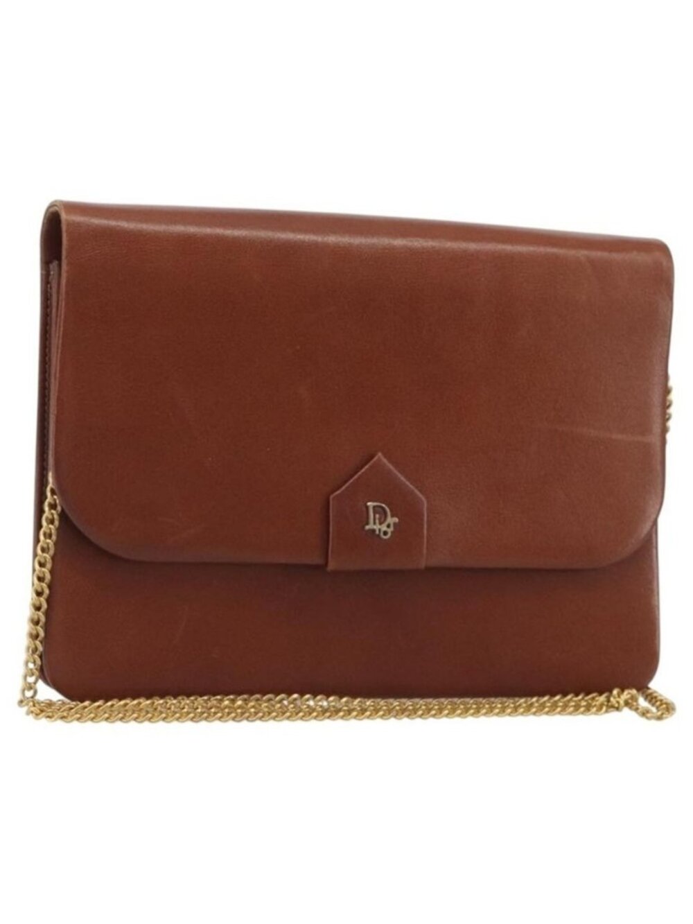 Authentic Christian Dior Chain Shoulder Bag Leather Brown Gold